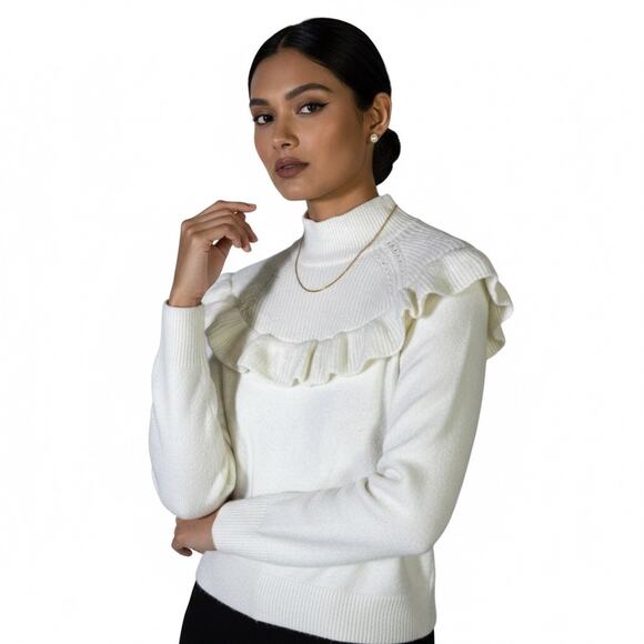 Ann Taylor Ruffle Mock Neck Sweater Size M White Feminine Chic Elegant Old Money - Picture 1 of 6